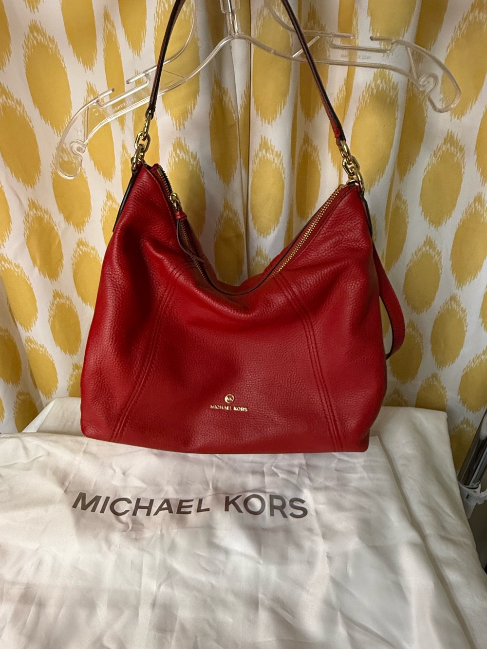 Michael Kors Red Leather Shoulder Hobo Bag with Gold Hardware